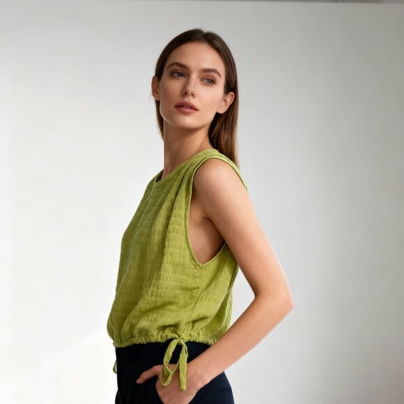 Calvin Klein Womens Textured Lime Green Sleeveless Top With Side Tie Drawstrings - Picture 2 of 7